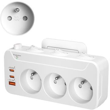 Prise Multiple USB C, Multiprise Murale 3 Prises Française avec Charge Rapide PD20W et QC18W,Triplite Electrique Prise Rotative Horizontale et Verticale Multiprise Parafoudre avec Interrupteur,Blanc