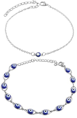 WUFGWBD Evil Eye Anklet Bracelet for Women - Silver Boho Style - 2 Pieces