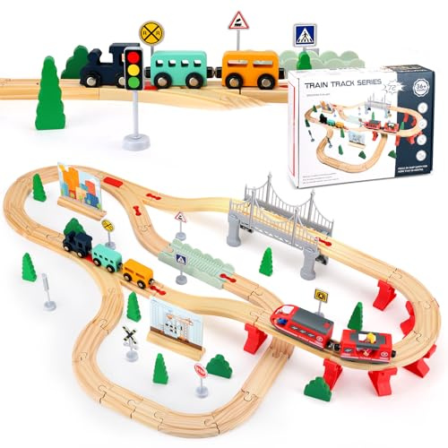 Brolteja Pista Treno in Legno, Trenino Elettrico per Bambini,72 pcs Giocattolo per ferrovia in legno per bambini,Regalo per Bambini di 3 4 5 6 Anni, regali per ragazze e ragazzi
