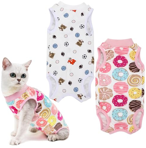 GSrenyu 2 Pcs Cat Recovery Suit, Breathable Cat Surgery Recovery Suit, Kitten Onesie Surgical Spay Shirt Anti-licking Recovery Vest Wound Protector Clothes Cone Collar Alternative (M/Football/Donuts)