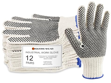 Migliore Wear 12 Paar Arbeitshandschuhe mit Rutschfeste Noppen für Herren & Damen, Baumwoll-Polyester Schutzhandschuhe für Industrie, Gartenarbeit, Bau, Lager