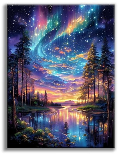 Diamond Painting Kit 5D , Pittura Diamante Paesaggio Aurora e Cielo Stellato, DIY Quadri con Brillantini da Attaccare per Adulti e Bambini,con Strass per Decorazione Casa e Regalo Creativo 30x40cm
