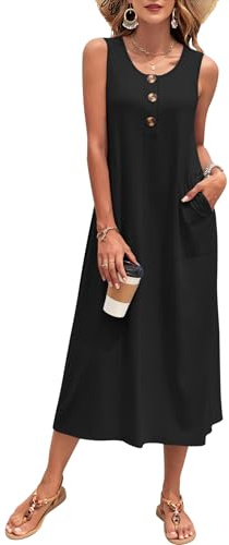 PLOKNRD Women's Summer Maxi Dress Sleeveless Casual with Pockets | Beach sundress with decorative buttons, relaxed loose fit. Lightweight fabric for holidays, weekend getaways & daily wear