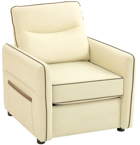 HOMCOM Poltrona Salotto con Imbottitura Spessa, Seduta Ampia Profondo, Schiuma ad Alta Resilienza, Poltroncina Camera da Letto con Braccioli, Tasche Laterali, in Pelle PU per Soggiorno Ufficio, Beige