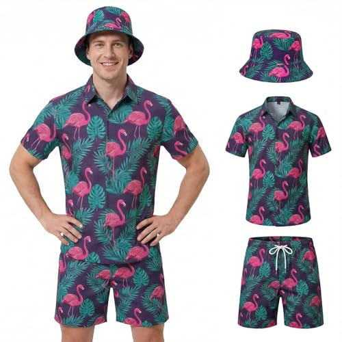 Joyesplay Camicia hawaiana da uomo, 3 pezzi, vestito hawaiano, da uomo, con fenicottero, camicia da pescatore, camicia hawaiana, per l'estate e la spiaggia, per feste in piscina, viola-2., L