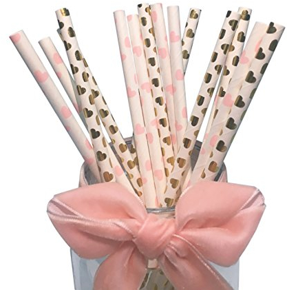 Bunte Papier Trinkhalme Rosa Golden Herz 100 Stück/Set, 19.7 cm/7.8 zoll Long, Biologisch Abbaubar Einweg Papier Strohhalme Geeignet für Partys, Hochzeiten und Anlässe, Party