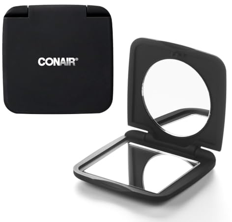 Conair Pocket Mirror for Women or Men, Small Compact Mirror for Purses or Toiletry Bags, Travel Magnifying Makeup Mirror with 1x/5x Magnification in Black