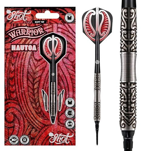 Shot Darts Soft Tip, Warrior Hautoa (18g/20g) 80% Tungsten Center Balanced-Secure grip for maximum aerodynamics, Handcrafted Professional Dart Set and Flights Made in New Zealand Plastic Tip Bar Darts