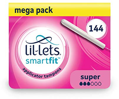 Lil-Lets Cardboard Applicator Super Tampons X 144, (12 Packs of 12 Tampons), Medium to Heavy Flow, 3 Droplets, SmartFit Expanding Applicator Tampon, Fragrance Free
