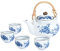 fanquare Japanisches Blau und Weiß Porzellan Tee Set, Pflaumenblüten Muster Teeservice, Keramik Teekanne mit Rattanstiel und 4 Tassen
