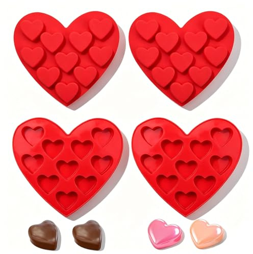4 Pezzi Forma di Cuore Stampo per Muffin, Stampo per Cioccolato di San Valentino, Silicone Stampi per Praline e Caramelle Forma a Cuore, Applica a Cioccolato, Muffin, Torta(Rosso)