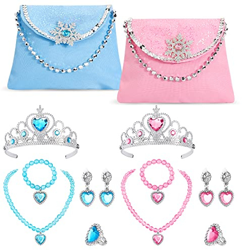 HIFOT Bolso Niña Joyas Set, Princesa Corona Collar Pulsera Pendientes Anillos Accesorios, Elsa Accesorios Para Niñas Pequeñas Para Vestir Y Jugar Regalo de Cumpleaños