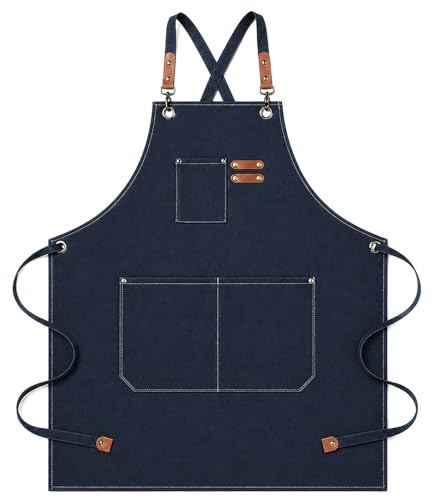 jiuzcare Barbecue Grembiule 68x76cm Grembiule da Cucina Grembiule da Cuoco Regolabile con 3 Tasche Grembiule Chef Grembiule Regolabile a Croce Uomo e Donna Ideale per Barbecue, Ristorante, Bar, Blu