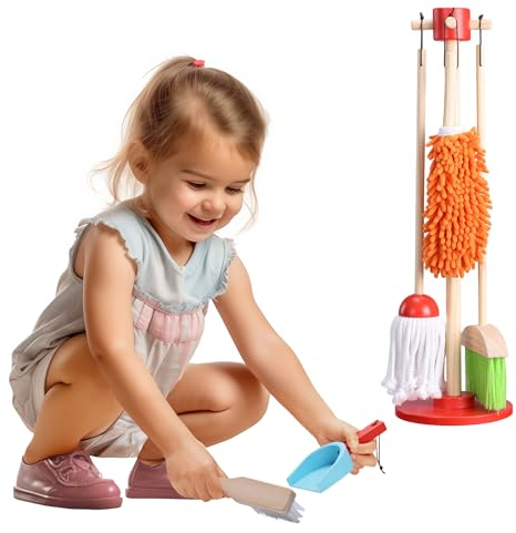Navaris Putzset für Kinder - Reinigungsspielzeug - Kinder Besen - Kinder Besen Set - Kehrset Kinder - Kinder Wischmop - Montessori Holzspielzeug - Reinigungsset Kinder - 5-Teilig