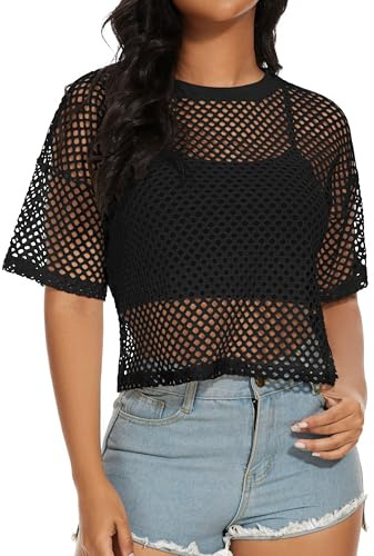 Fishnet Top for Women Short Sleeves See Through Tops Loose Sheer Bikini Cover Up(Black,M)