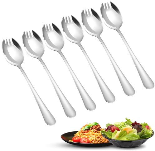 GUOYIHUA 6 Stück Salatgabeln Edelstahl, 2 In 1 Salat Göffel Spork, Multifunktionaler Salatlöffel für Obst, Eiscreme, Desserts, Nudeln, Lang 17cm, für Familiencamping und Picknick im Freien