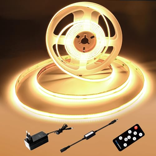 luktix COB LED Streifen 2M, LED Streifen Warmweiss 3000K, 24V Dimmbar LED Strip, CRI92, 8mm Breite, mit Fernbedienung und Netzteil, für Home Dekoration, Küche, Spiegel