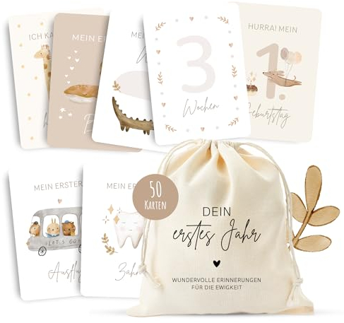 MeinBaby123® Meilensteinkarten Dein erstes Jahr | Meilenstein Karten Set Geschenk zur Geburt | Fotokarten für das erste Jahr | 50 Karten Inkl. Baumwollsäckchen (beige Boho)