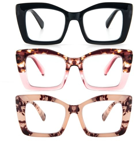 KoKoBin 3 Pack Occhiali da lettura quadrati da donna Oversized con cerniere a molla per computer (Nero/Rosa Leopardo/Leopardo Rosa, 2, Diottria)