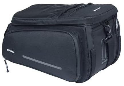 Basil Move Gepäckträgertasche - 10-26L, Schwarz, Wasserabweisend, Aus recyceltem Polyester, Kompatibel mit MIK & Racktime-Adapterplatten, Ideal für Pendeln und Einkäufe