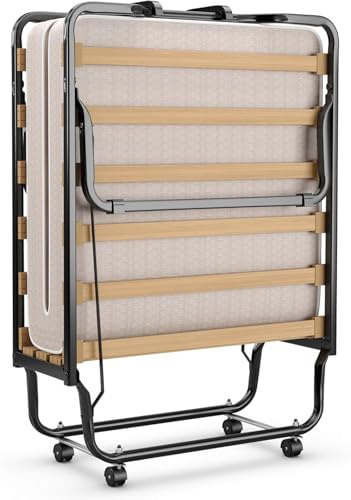 FantASK Vikbar hopfällbar säng på 80 x 200 cm med madrass av returskum i beige, gästsäng, hopfällbar säng med robust stålram upp till 120 kg