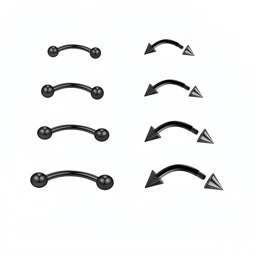 Dream Aurora 8Pcs Curved Barbells for Eyebrow Lip,316L Stainless Steel Septum Rook Daith Stud Black Piercing Vertical Labret Bars 6mm 8mm 10mm 12mm