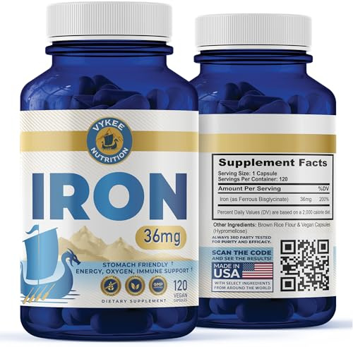 Vykee Nutrition Iron Bisglycinate for Men and Women, 36 mg | Gentle Iron Supplement to Help Maintain Healthy Iron Levels, High Absorption, Non-GMO, Gluten-Free - 120 Capsules
