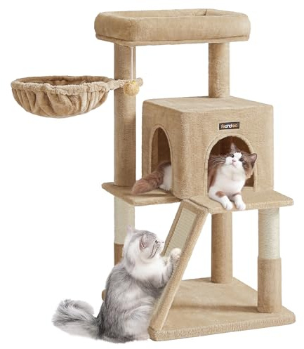 Feandrea Albero per Gatti, Tiragraffi per Gatti, Pali e Rampa Graffiatoio in Sisal Naturale, 2 Pompon Sospesi, Grotta, Cesto, Trespolo di Peluche, Marrone Cammello PCT051K03