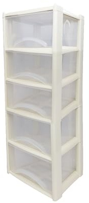 Neat. 5 Plastic Storage Drawers Unit with See-Through Drawers, Compact Vertical Design – Durable Plastic, Ideal for Organizing Office Crafts, and Household Items, 100cm x L39cm x W39cm -Cream