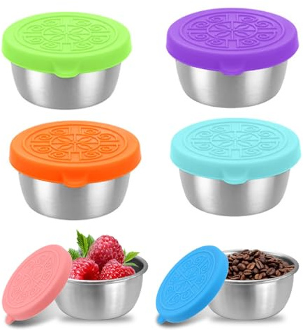 Joyeee 6-Piece Condiment Cups with Colorful Silicone Lids, 50ml Leak-Proof Metal Condiment Container, Stainless Steel Small Sauce Cups Ramekins Perfect for Outdoor Picnics, BBQ, Camping Sauce Storage