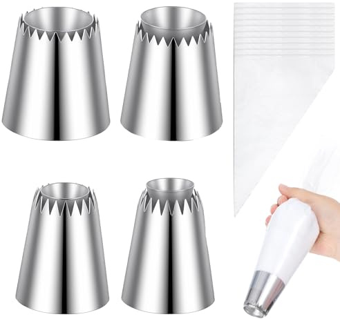 4 PCS Large Piping Tips Set Stainless Steel Big Icing Nozzles Kit with 10 PCS Piping Bag Cake Decorating Tips For Pastry, Cookies, Cupcakes, Baking Supplies