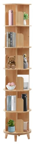 DWIKRYT Estantería giratoria de 6 niveles, 31 cm, de madera maciza, estantería de pie, estantería para libros, torre para pasillos, balcones, dormitorios, organizador multifuncional