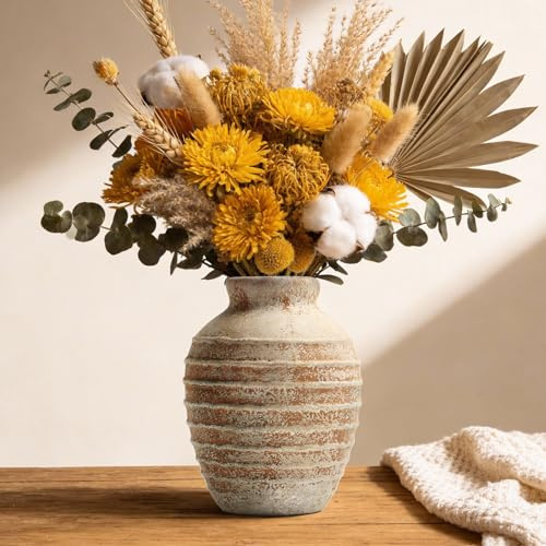 DOWAN Terracotta Ceramic Vase 6.6 Inch, Rustic Vintage Decorative Pottery Vase for Home Decor, Farmhouse Centerpiece Vase for Living Room Table Mantel Fireplace, Antique Earth Tone