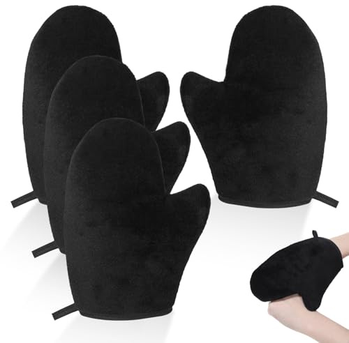 4 Packs Self Tanning Mitts, Back Self Tanner Applicator Double Sided Reusable Sunless Tanning Mittens 4 in 1 Tanner Gloves with Thumb for Tan Lotion (Black)