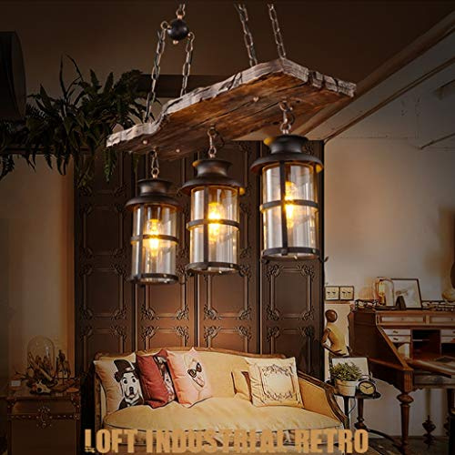 Pendellampa Vintage, hängande lampa, retro Edison Loft kronljuskrona, retro industriell järn taklampa, höjdjusterbar, E27, trä, järn, glas, lampskärm, pendellampa, restaurang, café, dekoration, 3