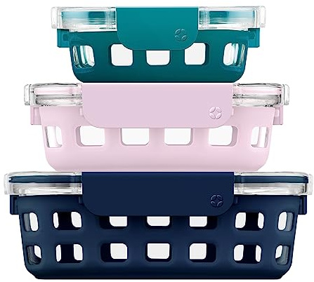 Ello DuraGlass Glass Food Storage Meal Prep Containers with Silicone Sleeve and Airtight Lids, 6 piece 3 pack Multi-Size, Spring