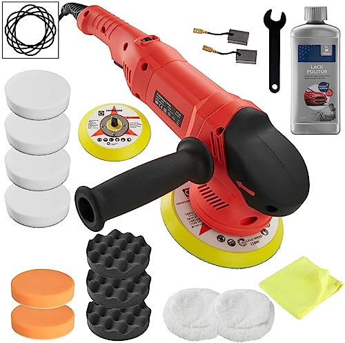 tectake 403390 Exzenter Poliermaschine + Set 16, mit GS-Zertifikat, 6 verstellbare Rotationsstufen und Softstart, Leerlaufdrehzahl 2200 – 6300 U/min, 150-mm Polierteller mit Zubehör