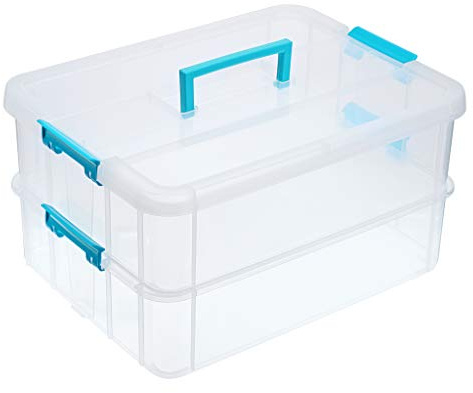 SERAKUKA SUMNACON Stackable Storage Box, 2 Tier Adjustable Plastic Storage Box with Carrying Handle Transparent for Arts and Crafts Toys Sewing Accessories (Blue)
