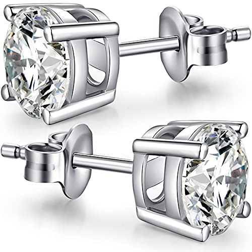 Miaofu Bañado de Oro Blanco 18K - Pendientes Simulantes en Plata de Ley 925 con Brillante Circonitas Cúbicas y Diamante Swarovski para Mujer Hombre Tamaños 4-8mm