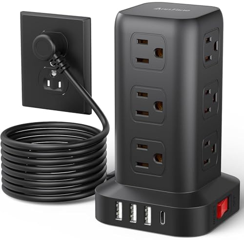AnnTane Surge Protector Power Strip 10 FT Cord, Power Strip Tower with 4 USB Ports (1USB C), Extension Cord with 12 AC Multiple Outlets, Home Office Supplies Desk Accessories, Dorm Room Essentials