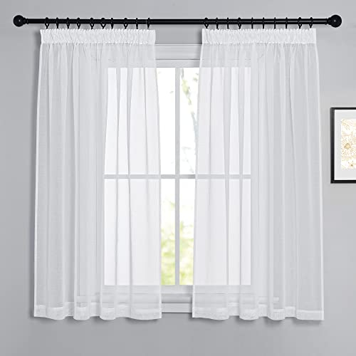 PONY DANCE Kurze Gardinen mit Kräuselband 2er Set Vorhang Weiß Transparent H 137 x B 140 cm Durchsichtige Gardinen Wohnzimmer Modern Kurz Voile Vorhänge Leinenoptik