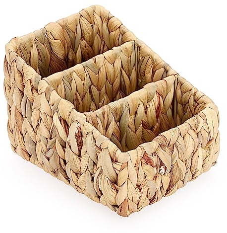 BSTKEY Natural Water Hyacinth Remote Control Storage Holder, Woven 3 Slots Media TV Remote Control Caddy Pencil Stationery Organizer for Table Living Room