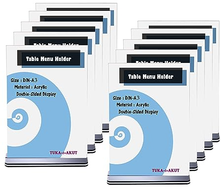 TUKA 10 Pezzi A3 Espositore da Tavolo, a Forma di T Doppio, Acrilico Porta-avvisi da Tavolo con Base, Supporto Pubblicitario da Banco, per Menù Carta Promozioni Altro. A3 Verticale, TKD8205-A3-10x