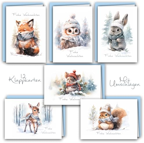 12 Weihnachtskarten Set Klappkarten mit Umschlägen a6 Karte Karten Umschlag glanz Frohe Weihnachten Merry Christmas xmas Aquarell Waldtiere Reh Fuchs Hase Eule Eichhörnchen Maus