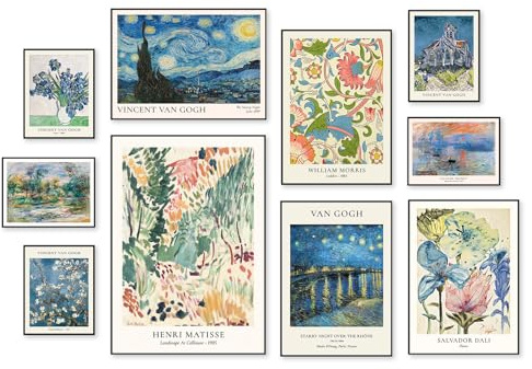 Vintage Eclectic Wall Art,Eclectic Gallery Art Prints Set of 10,Famous Artist Maximalist Wall Decor,Van Gogh Monet Matisse Wall Art Modern Boho Room Decor for Bedroom Dorm Decorotaion,Unframed