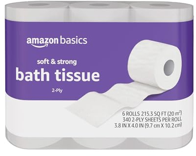 Amazon Basics Soft and Strong 2-Ply Toilet Paper, 6 Ultra Rolls = 24 Regular Rolls, Unscented, 340 Sheet (1 Pack of 6), Packaging May Vary