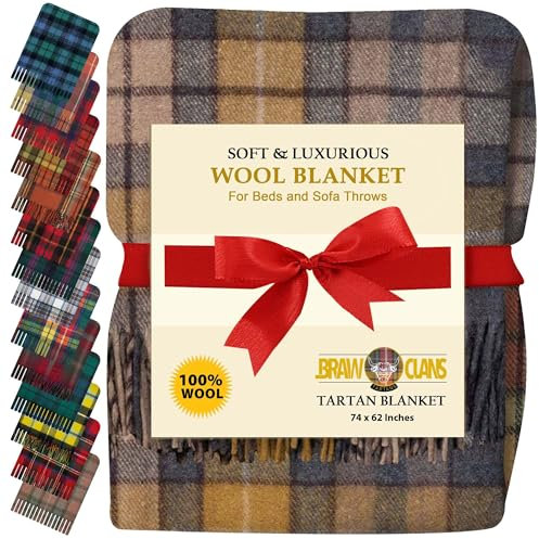 BRAW CLANS TARTANS Soft Wool comfort Tartan Blankets for beds, Sofa throws - Winter warm large size 74x62- Scottish plaid check Cozy Rug - Fringed edges, Soft - (Buchanan Natural Tartan)
