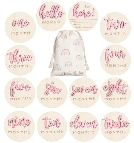 Burbell 3D baby milstolpe trä cirklar Hello World nyfödd skylt 7-pack dubbelsidig milstolpe kort skylt baby tillkännagivande skylt för nyfödd dusch foto rekvisita (rosa)