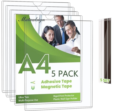 5 Pack A4 Wall Sign Holder, A4 Magnetic Sign Holder | Rigid Print Protector, Adhesive Strips & Magnetic Strips, Wall Mount Document Holder for Office, Store, Home, Window Displays