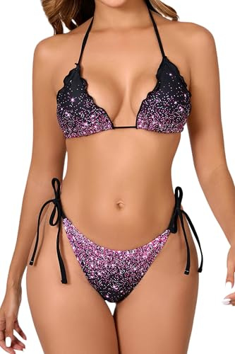 JOYBIK Women's Two Piece Sexy Bikini Swimsuit Triangle Halter Top with Tie Side Bottom String Bikini Sets Black Pink Star S